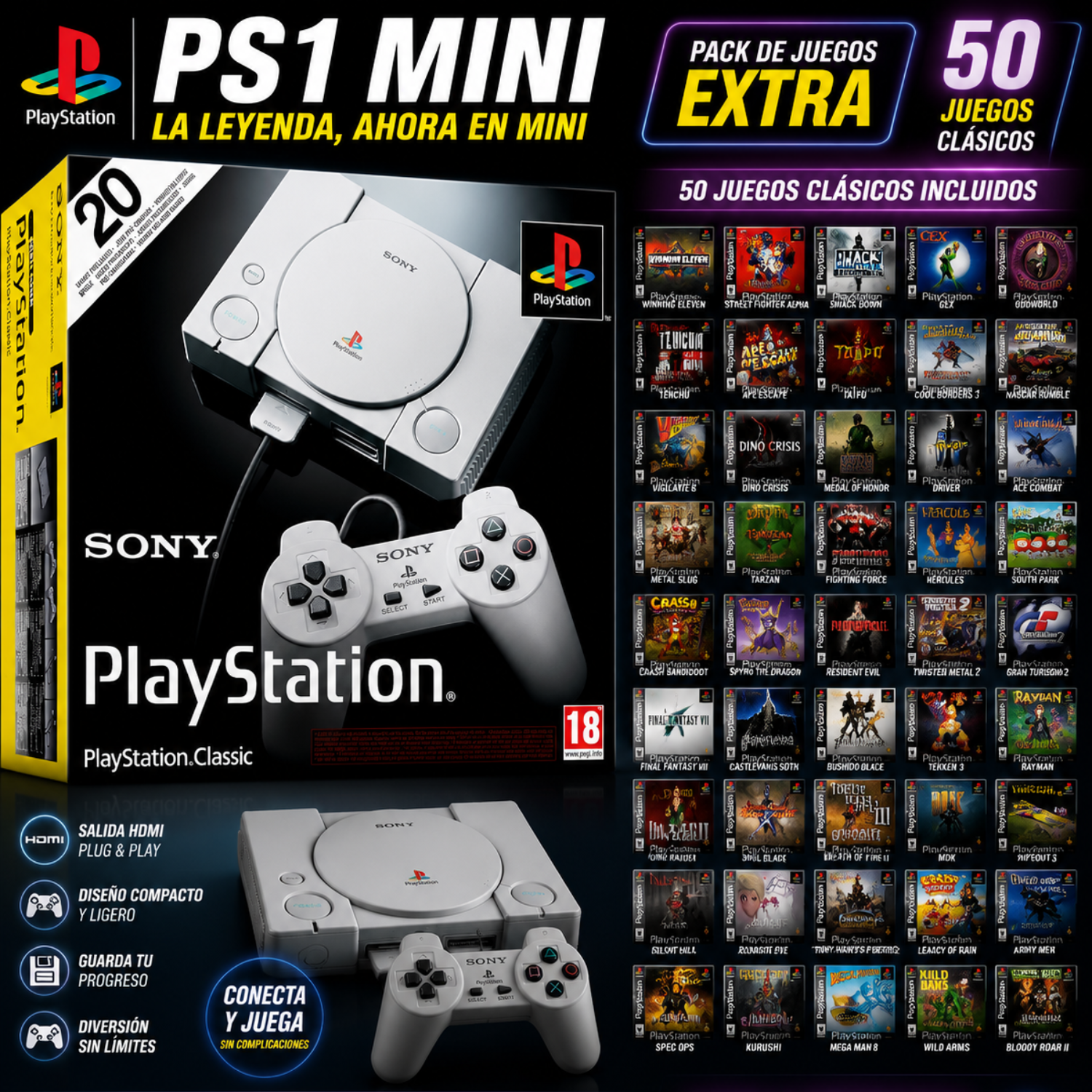 A1 •Playstation 1 Mini Clásico ORIGINAL con 50 juegos incluidos.