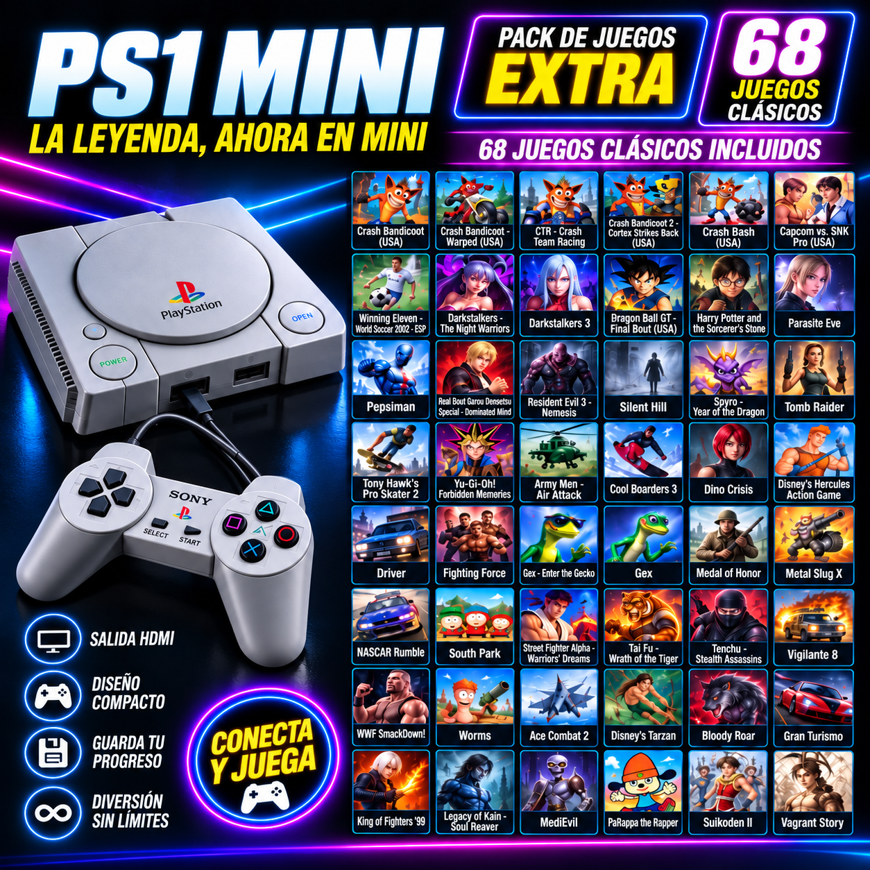 A1 💎 PLAYSTATION 1 CLÁSICO ORIGINAL con 68 juegos incluidos.